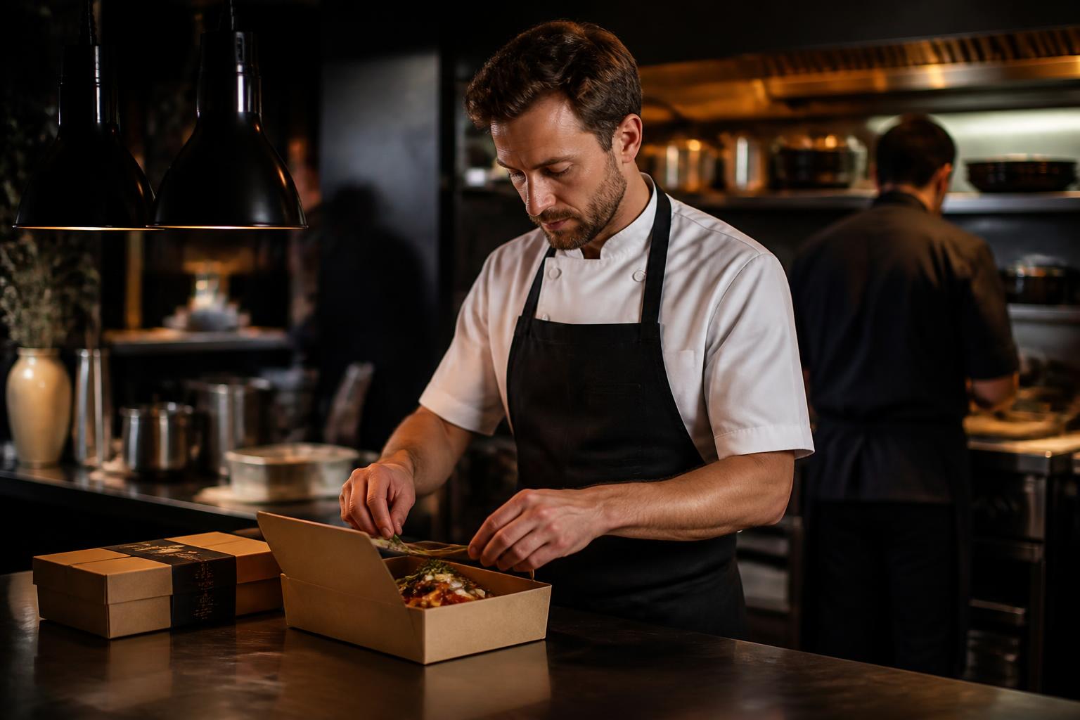 Chef préparant une commande en livraison dans une cuisine professionnelle